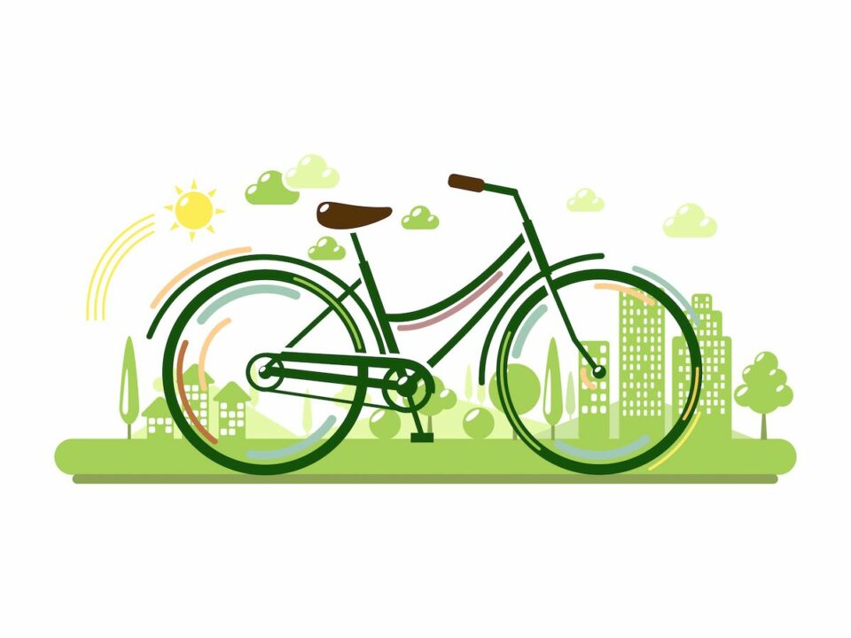 Bicycle with green eco city. Ecology concept vector illustration